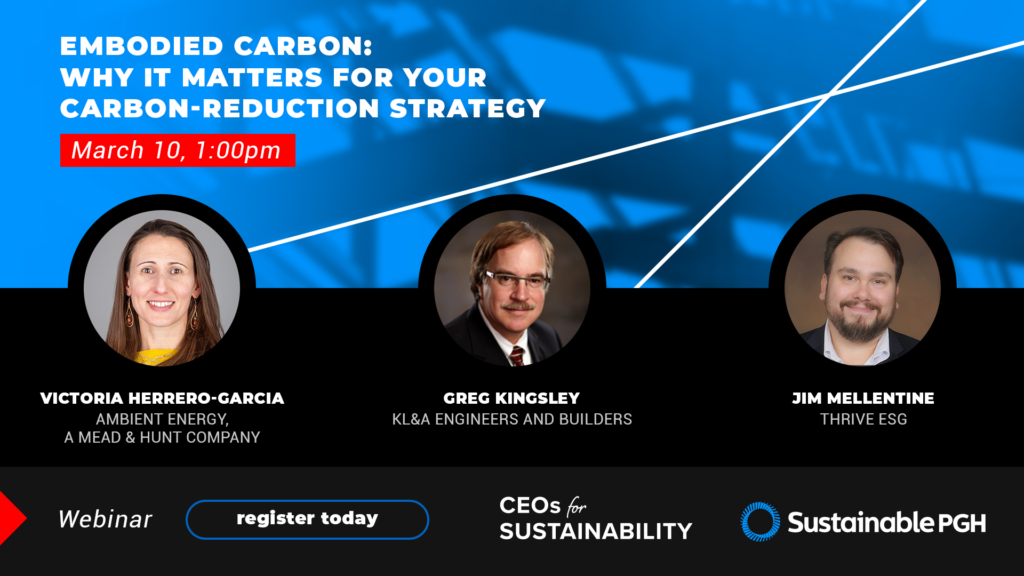 Promotional image for Embodied Carbon featuring speakers: Victoria Herrero Garcia, Greg Kingsley, and Jim Mellentine