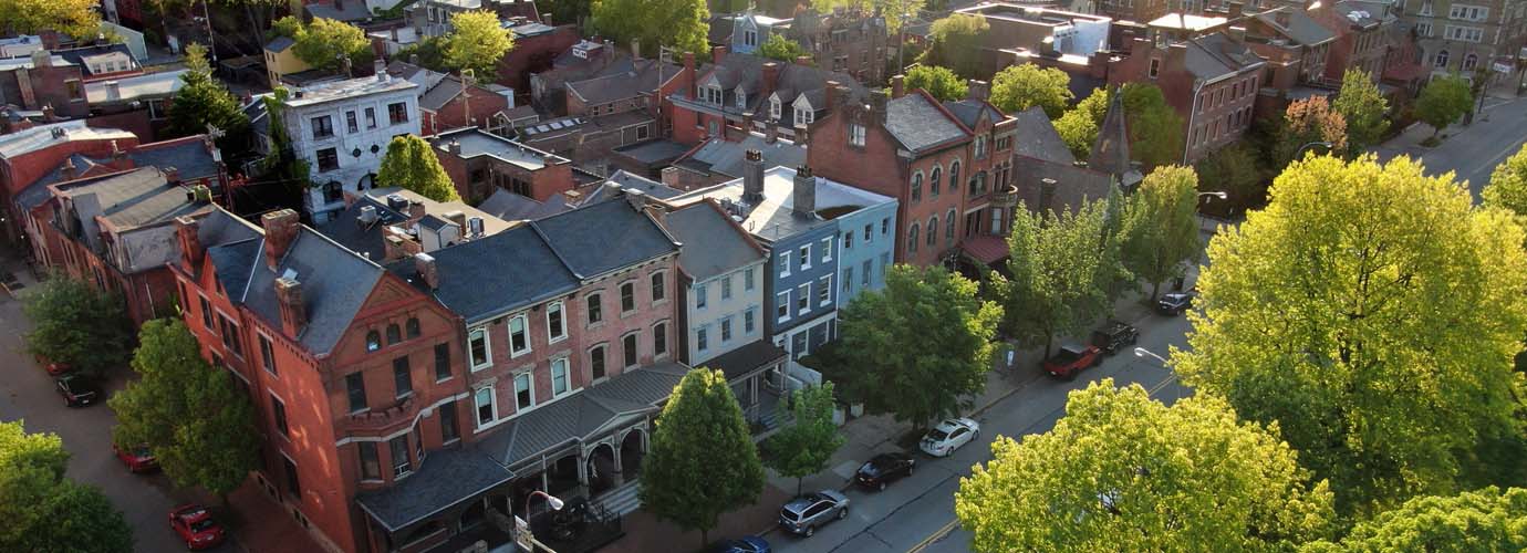 Aerial photograph of small mixed use street in a rural Pennsylvania community