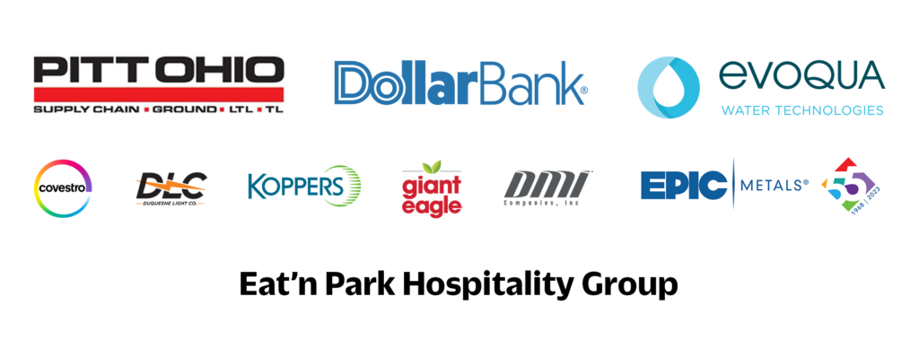 Array of 10 business logos: Pitt Ohio, Dollar Bank, Evoqua, Covestro, Duquesne Light Company, Koppers, Giant Eagle, DMI Companies, Epic Metals, and 55 followed by the text "Eat'n Park Hospitality Group"