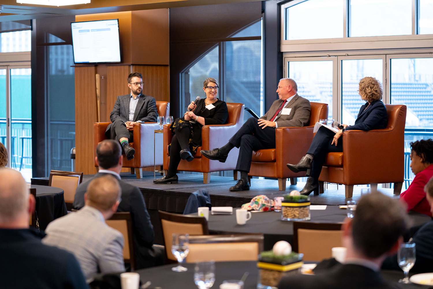 Panel at the 2024 C-Suite Summit, moderated by Jana Lake, President of 3R Sustainability, far right. Panelists from left: Nick Goodfellow (University of Pittsburgh), Justine Russo (PITT OHIO), and Bruce Sullivan (Covestro LLC).