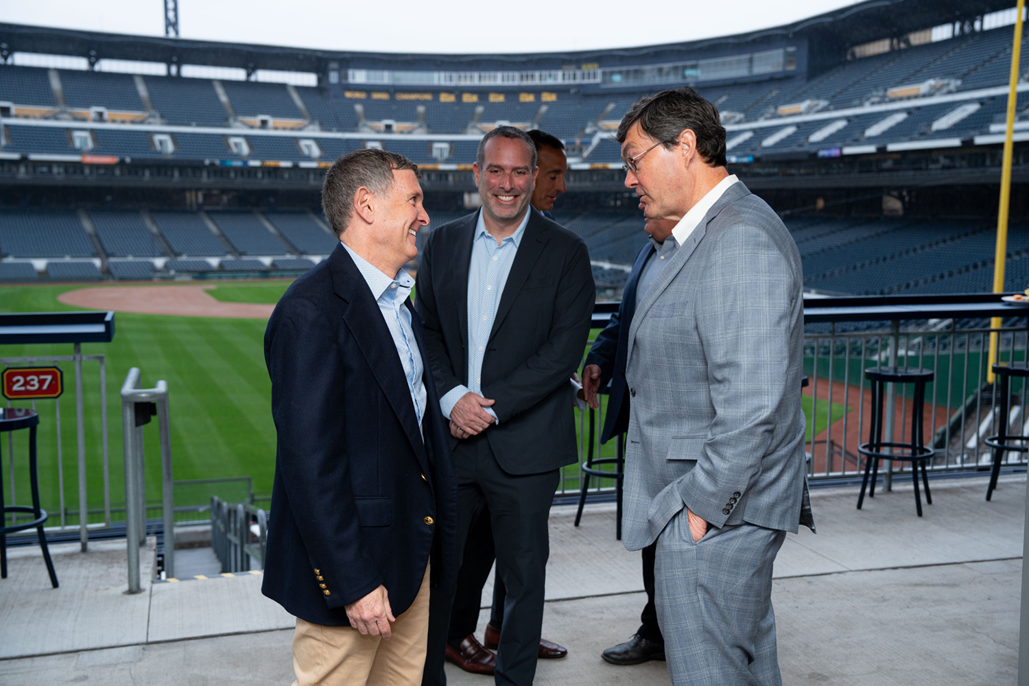 CEOs for Sustainability members talking at the 2024 C-Suite Summit. From left: Ryan S. Ruskin, President & CEO of The Ruskin Group; Scott Tobe, CEO of Signature Wealth and Chair of the CEOs for Sustainability Education Committee; and Bob Nutting, CEO of the Pittsburgh Pirates.